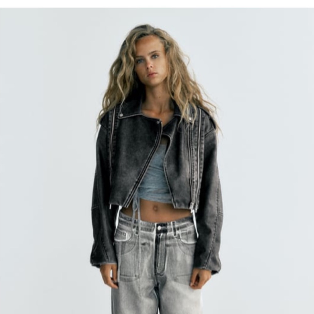 Zara DISTRESSED FAUX LEATHER BIKER JACKET